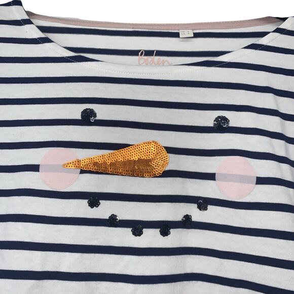 Boden Womens Size 4 US LS Striped Christmas Snowman Tee Shirt White Blue Sequin - Picture 2 of 7
